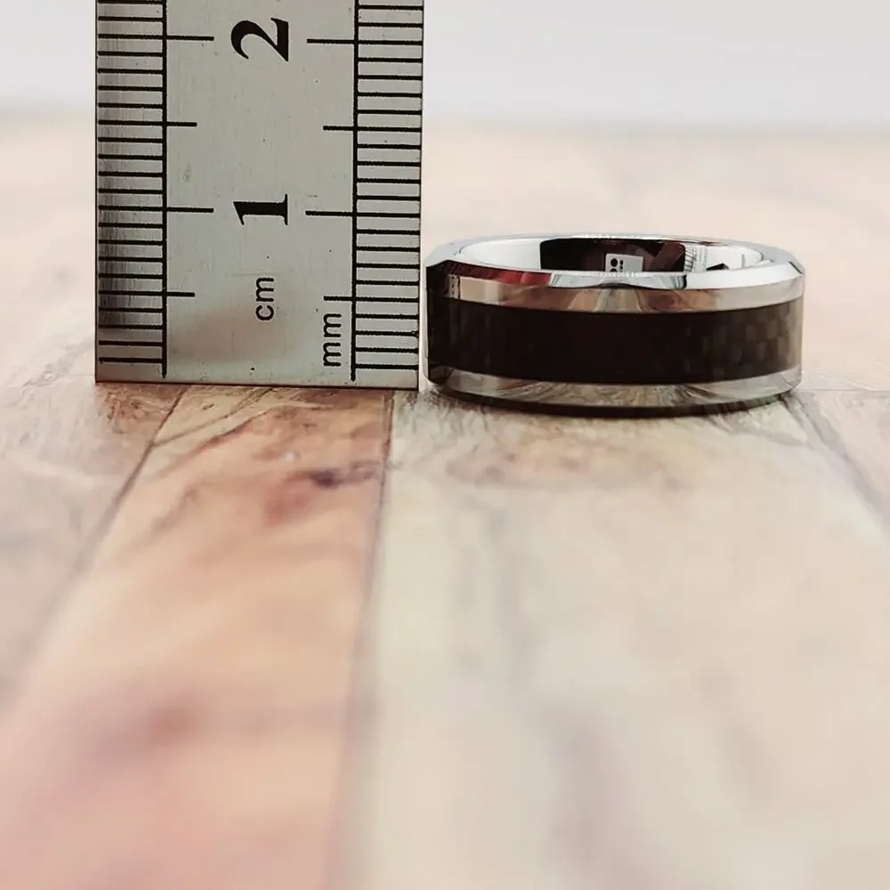 Mens Ring Silver 7MM Geometric Pattern Black Carbon Fiber Inlay Band Ring sz 12 - Picture 4 of 4